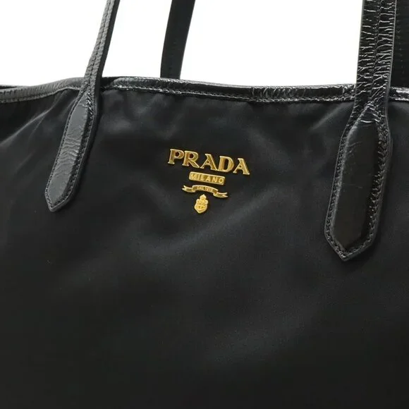 Prada Logo Tote Large Shoulder Bag Nylon Enamel Patent Nero - Picture 7 of 7